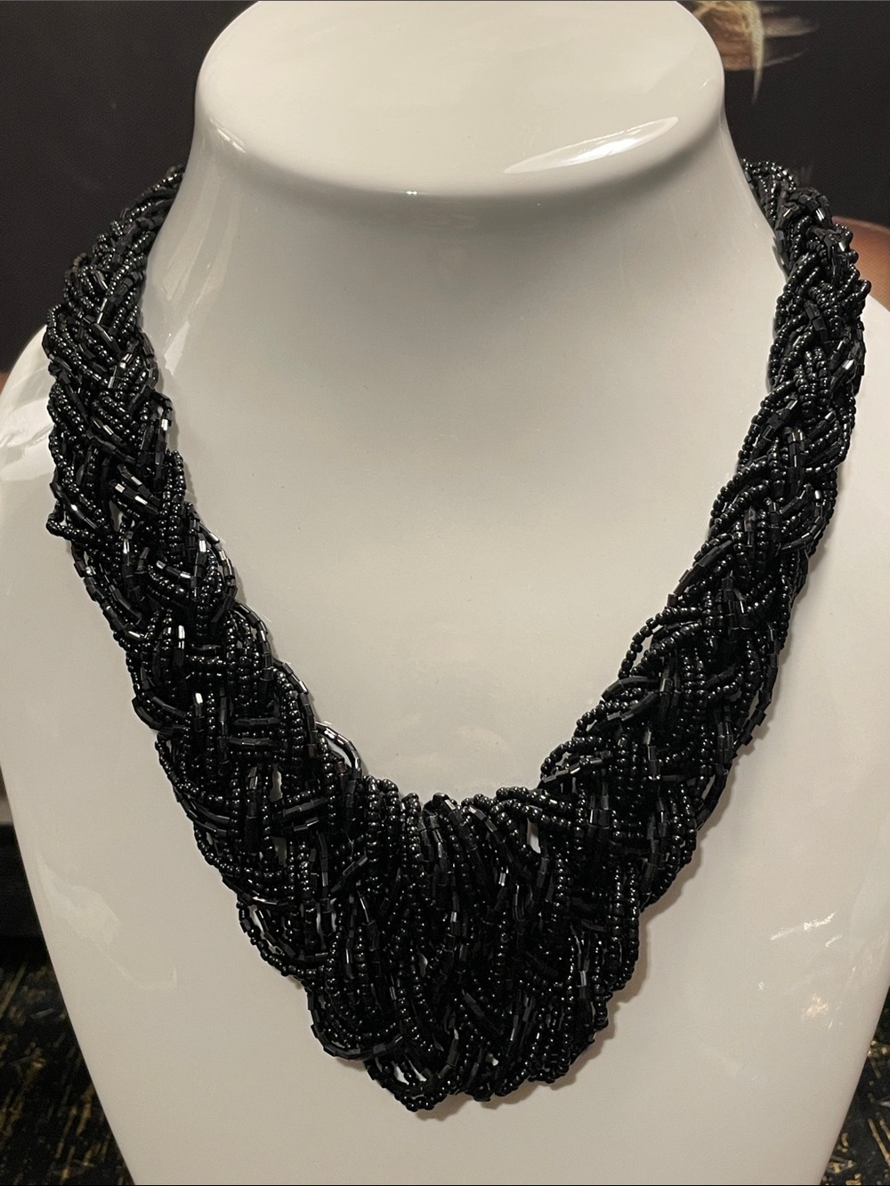 Black Beaded Braided Glass Seed Bead Statement Necklace -